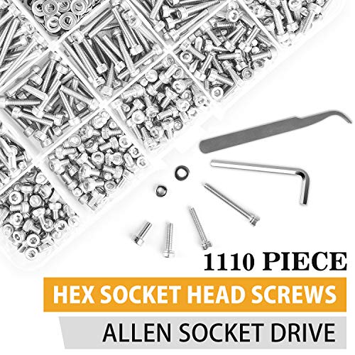 VIGRUE 1110PCS M3 Hex Socket Head Cap Screws Nuts Kit, M3 x 4/5/6/8/10/12/14/16/18/20/25/30mm Stainless Steel Screws Assortment Set W/Allen Wrench and Tip Curved Tweezer - size: M3 Socket silver