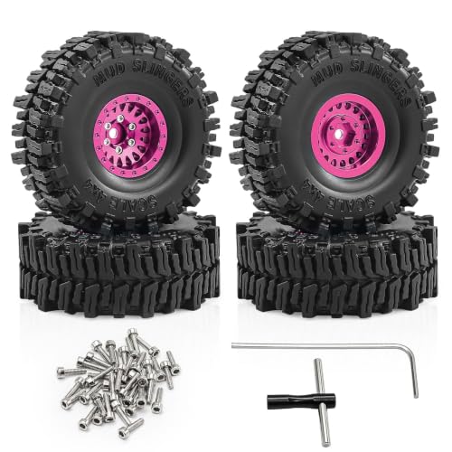 1.0" Aluminium Beadlock Wheels and Tires 64x23mm for 1/24 Axial SCX24, 1/18 TRX4M RC Crawler – Upgrade Parts (Pink, 4pcs) - color: Pink