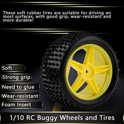 1/10 Buggy Tires & Wheels - Front 34mm Rear 41mm Off-Road Tires with 12mm Hex Yellow Rims, Compatible with Traxxas Bandit VXL, Redcat Tornado, Tamiya - color: Yellow