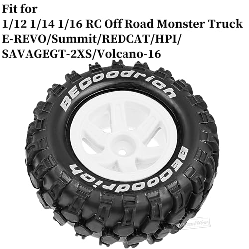 RC Wheels and Tires Off-Road Buggy Tires for 1/12 1/14 1/16 RC Off Road Monster Truck E-REVO Summit REDCAT HPI SAVAGEGT-2XS Volcano-16,1/12 1/14 1/16 Wheels Tires Set Pre-glued,White - color: White(4pcs)