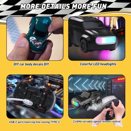 ANTSIR 1/64 RC Drift Car, 7 Colorful LED Lights 4WD RTR Small Car Gift | 2.4GHz,15KM/H High Speed, Drifting/Race Tires, Desktop Remote Control Car, Proportional Throttle, Adults & Teens, Black - color: Black Concept Model