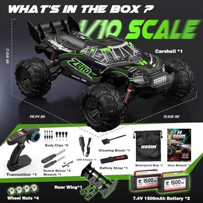 Hosim 1/10 Brushless RC Cars for Adults & Boys 60+ KPH, Fast RC Truck | 4x4 Off-Road All-Terrain Big Remote Control Car, Oil-filled Shock & Metal Drivetrain, Hobby RC Cars Toy Gift