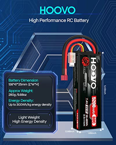 HOOVO 2S 7.4V 5200mAh 80C RC LiPo Battery Hard Case with T Connector 2 Pack | for RC Buggy Vehicles Car Boat Truck - style: 2S 5200mAh