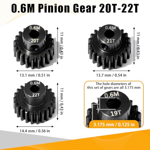3PCS 0.6M Hardened Steel Pinion Gear Set with 3.175mm Shaft, 0.6 Metric Pitch 20T 21T 22T Pinion Gears for 540 550 Brushed Brushless Motor, Compatible with 1/10 Tamiya Redcat HSP HPI RC Car - size: 20 21 22T