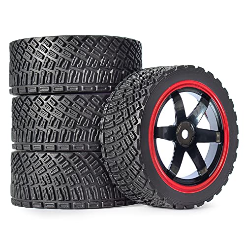 4PCS 65mm RC Rally Car Rubber Tires and 6-Spokes Wheel Rims 12mm Hex Compatible with 1/10 RC On-Road Rally Racing Car HSP Tamiya Sakura HPI WR8 HSP TT02 WLtoys (Black/Red) - color: Black/Red