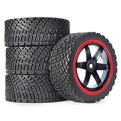 4PCS 65mm RC Rally Car Rubber Tires and 6-Spokes Wheel Rims 12mm Hex Compatible with 1/10 RC On-Road Rally Racing Car HSP Tamiya Sakura HPI WR8 HSP TT02 WLtoys (Black/Red) - color: Black/Red