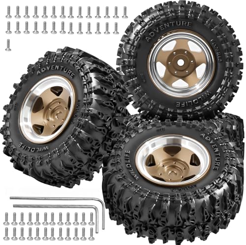 1.3" Beadlock Wheel Tires, Aluminum 1.3 Beadlock Wheels and Tires Upgraded 1.45-inch Wheel for for 1/24 SCX24 AX24 FCX24 1/18 TRX4M FMS RC Crawler Car Upgrade (Bronze) - color: Bronze