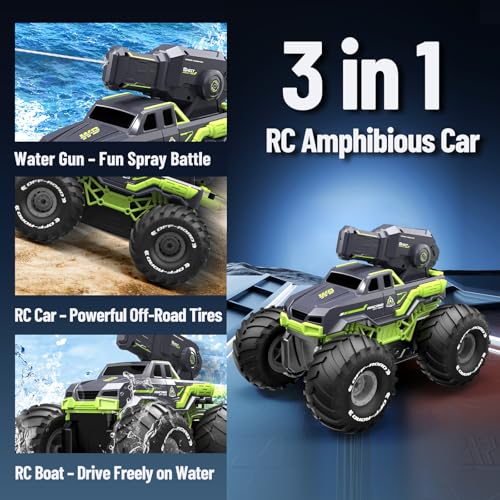 3-in-1 Amphibious Remote Control Car RC Boat with Water Gun, Waterproof RC Monster Truck for Kids 4-7 8-12, 4WD All-Terrain Remote Control Boat for Boy Birthday Gift, Summer Pool Water Toy