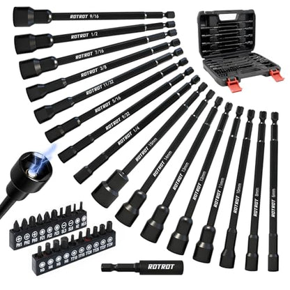37-Piece Magnetic Nut Driver Set - SAE (1/4" to 9/16") & Metric (5mm to 15mm), PH1 & PH2 Screwdriver Bits 1/4 Drive Shank Adapter Extension, Nut Driver Set - Cr-V Magnetic Socket set - size: 37-Piece Magnetic Nut Driver Set