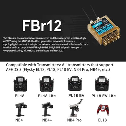 GoolRC Flysky FBr12 Receiver, 2.4GHz 12CH Waterproof Receiver AFHDS3 Dual Antennas Compatible with Flysky EL18 PL18 NB4 NB4 Pro NB4+ Radio Transmitter for RC Car and Boat