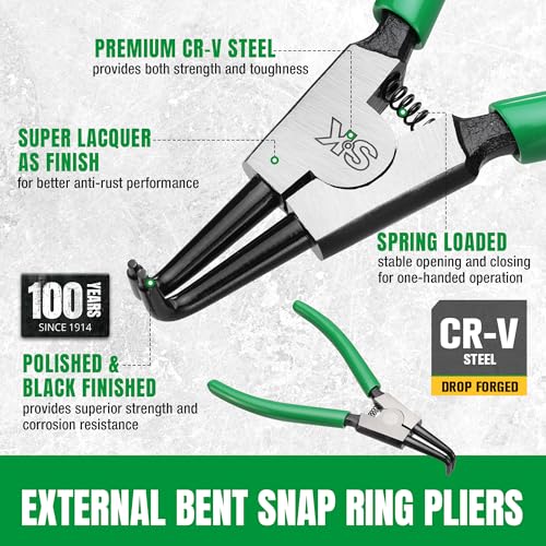 SK 7-Inch Snap Ring Pliers, External Circlip Pliers with 90-Degree Bent Jaw | Tip Diameter 0.07'', Premium CR-V Steel, Polished & Black Finished Tip, Spring-Loaded, Anti-Slip Grip - style: External Bent