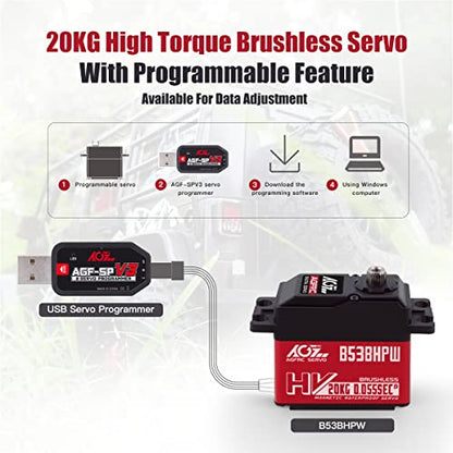 AGFRC 0.055Sec High-Speed Waterproof RC-Steering-Servo-Motor - 20KG Upgraded Brushless Digital Servo with Metal Gear for 1/10 RC Car Boat Crawler(B53BHPW) - style: B53BHPW