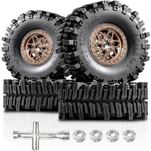 2.2 RC Crawler Tires Wheels Set, Mud Terrain Tires with Aluminum Beadlock Rims Brake Discs, 12mm Hex 5.5mm Positive Offset for Axial SCX10 SCX10 II III Pro Traxxas TRX4 TRX6 Redcat Gen8 VS4-10 - color: Bronze