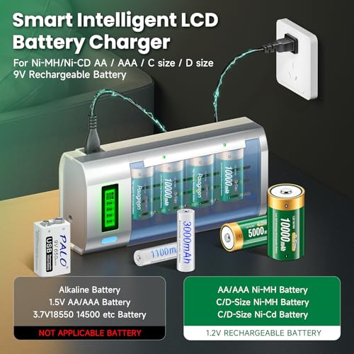 Rechargeable C Batteries with Charger, 6-Pack C Cell Batteries 1.2V NiMH 5000mAh, Universal Battery Charger for C, D, 9V, AA, AAA | Discharge Function | 3 Storage Boxes & Car Charging Cable