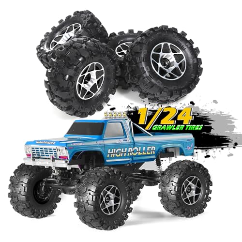 REDSPIDER 1.0 Beadlock Wheels and Tires Set（4pcs） 1.0 Crawler Tires 57 * 25mm Aluminum Alloy 1.0 Wheel 1/18 1/24 RC Crawler Tires for SCX24 TRX4M FMS FCX24 FCX18 AX24 (Black) - color: Black