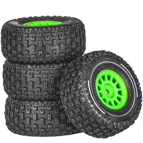 Pre-Glued 1/14 RC Truck Tires & Wheels (4PCS) - 12mm Hex All-Terrain Tires 2.56" OD - for Traxxas, ARRMA Mojave GROM,MJX Hyper Go 14301 14302 14303,Tamiya Kyosho HPI 1/14-1/18 Scale On/Off Road - color: Green