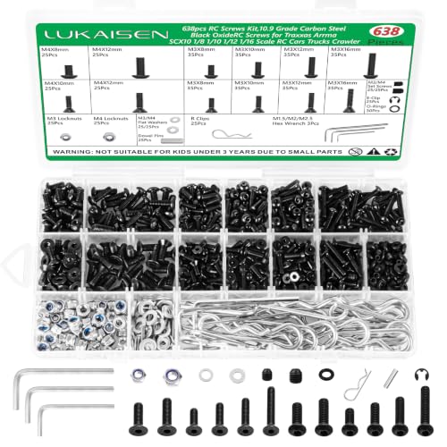 638Pcs Universal RC Screw Assortment Kit, 10.9 Grade Carbon Steel | High Tensile, For Traxxas Redcat Arrma Axial RC4WD HSP HPI SCX10 Losi 1/8 1/10 1/12 1/16 1/20 Scale RC Crawler Cars Trucks