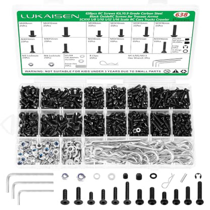 638Pcs Universal RC Screw Assortment Kit, 10.9 Grade Carbon Steel | High Tensile, For Traxxas Redcat Arrma Axial RC4WD HSP HPI SCX10 Losi 1/8 1/10 1/12 1/16 1/20 Scale RC Crawler Cars Trucks