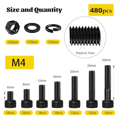 480PCS M4 Screws Assortment Kit, M4x6/8/12/16/20/30 mm Hex Socket Head Cap Bolts, Nuts & Washers Set, 12.9 Grade Alloy Steel Black Zinc Plated M4 Screw Assorted Kit for 3D Printer, DIY, Repairs - size: M4 480pcs