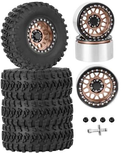 RC 2.2 Beadlock Tires Set 2.2" Wheels and Tires for 1/10 RC Crawler SCX10 AMG 6X6 TRX4 Gen8 Gen7 Pro,Alloy 2.2 RC Rims Rubber Tires,Bronze - color: Bronze(4pcs)