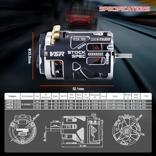 Surpass Hobby 540 V5R Sensored Brushless Motor, Competition Level Motor with Shaft 3.175 Use for 1:10 RC Racing Car（17.5T） - style: SPEC 17.5T