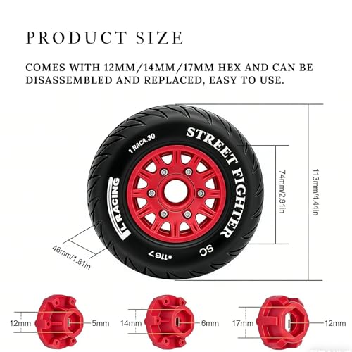1/8 & 1/10 RC Short Course Truck Tires and Wheels Set 113mm Rubber Tyres 12mm 14mm 17mm Hex Compatible with Traxxas Slash Arrma Senton Tamiya TT02 On Road RC Car 4PCS