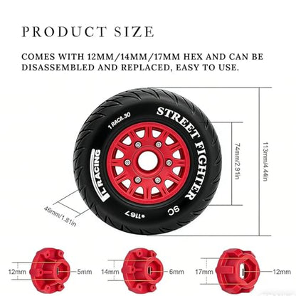 1/8 & 1/10 RC Short Course Truck Tires and Wheels Set 113mm Rubber Tyres 12mm 14mm 17mm Hex Compatible with Traxxas Slash Arrma Senton Tamiya TT02 On Road RC Car 4PCS