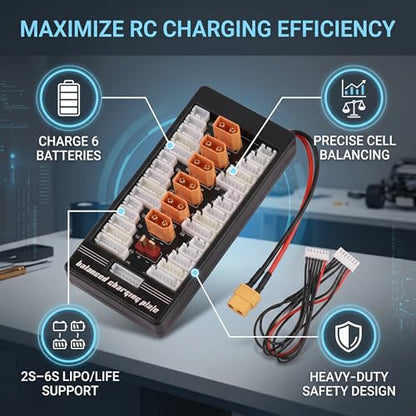 6S Lipo Parallel Charging Board XT60 - Charge 6 Batteries Simultaneously | 2S-6S Balance Charger Adapter for RC Drone FPV | Compatible IMAX B6