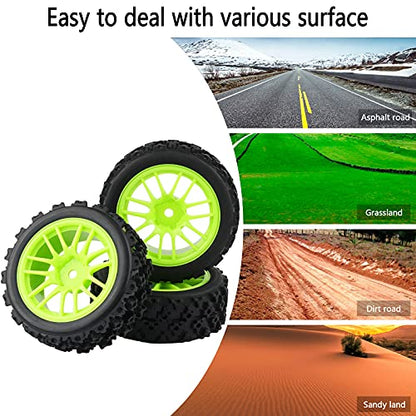 Green RC 1:10 Scale On-Road Tires Wheel Rims | 4 X, Hex 12MM, Crossing Rubber - color: Green