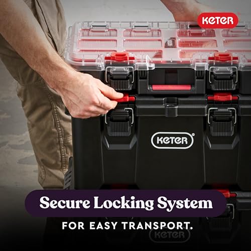 Keter Stack N Rolling Tool Box Modular Storage System 3 Piece | Black and Red, Heavy Duty, Weatherproof, All Terrain Wheels, Durable, Easy to Use, Telescoping Handle - color: Black/Red, size: 3PC System