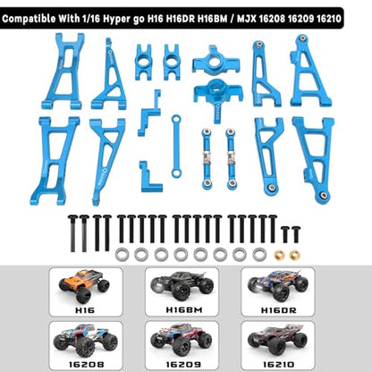 Aluminum Upgrade Kit, Front Rear Suspension Arms, Steering Knuckles & Hubs, R168Z Bearings for 1/16 MJX Hyper GO H16BM H16GT H16DR 16208 16209 16210 RC Truck Car Accessories Parts (Blue) - color: Blue