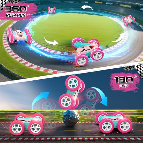 cosone Pink Remote Control Car for Girls | 2.4GHz RC Stunt Car, 360° Spins & Double Sided Driving, LED Lights, USB-C Rechargeable, One-Click Demo - color: Pink Pro