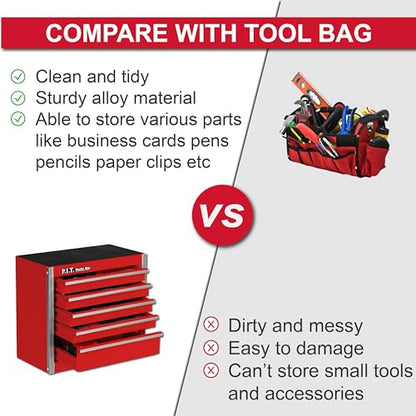 P.I.T. Mini Tool Box,Small Metal Toolbox Organizer with 5 Drawers,Red | 8.6"W X 4.6"D Cute Size,Q235 Steel,Magnetic Locking Mechanism,PVC Drawer Liners - color: Red, size: 5-Drawer