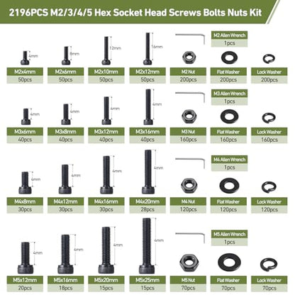 2196Pcs M2 M3 M4 M5 Screws Assortment Kit,Hex Socket Head Cap Screws Bolts Nuts Washer Set,12.9 Grade Alloy Steel,Black Oxide for 3D Printer,DIY Project - size: M2/3/4/5 2196PCS Socket Black