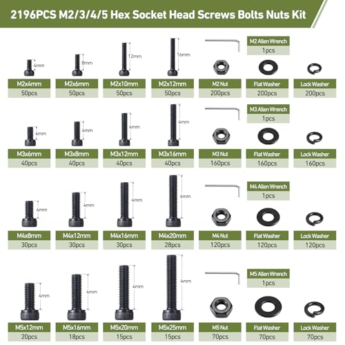 2196Pcs M2 M3 M4 M5 Screws Assortment Kit,Hex Socket Head Cap Screws Bolts Nuts Washer Set,12.9 Grade Alloy Steel,Black Oxide for 3D Printer,DIY Project - size: M2/3/4/5 2196PCS Socket Black