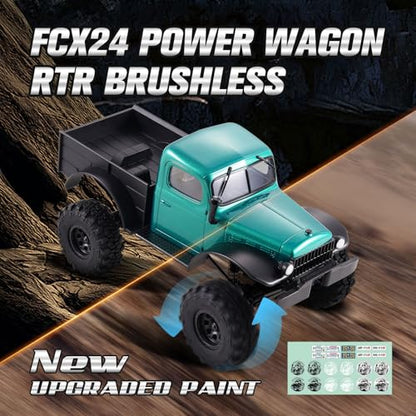 FMS 1/24 FCX24S Power Wagon S Brushless RC Crawler RTR, 4X4 RC Off-Road Trucks with BATRAZZI Upgrade Tires, RC Rock Crawler for Adult, Remote Control &LED Lights&2 Speed Switch(Metallic Green) - color: Green