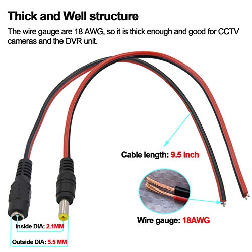 (Real 18AWG) 10 Pair 12V 5A DC Pigtail Barrel Plug Connector Cable | 2.1mm x 5.5mm, Male & Female DC Power Pigtail Connectors, for CCTV Security Camera, 12V Power Supply Adapter, LED, Router