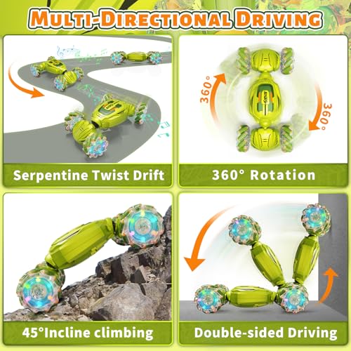 Gesture Sensing RC Stunt Car, Remote Control Car Christmas Birthday Gifts for Kids Age 6-12, 2.4Ghz Hand Controlled Twist Cars, 360° Rotating Off Road Car Toy for Boys Girls Age 6 7 8 9 10 11+(Green) - color: Green