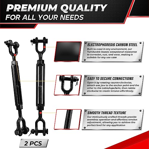 2200 LBS 1/2”x13.4” Jaw and Jaw Turnbuckles for Cable Wire Tensioner (2PCS) | Threaded Quick Link Trailer Safety Chain Hook Carabiner for Chain Connecting, Key Chain, Camping, Backpack, Pet Leash - style: 2Pcs 1/2”x13.4”