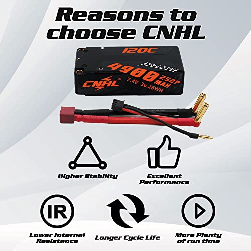 CNHL 4900mAh 2S Shorty Lipo Battery 7.4V 120C with 5mm to Deans(2 Packs) | Compact shorty format centers chassis weight for responsive control in 1/10 RWD drift, racing buggies, and trucks.