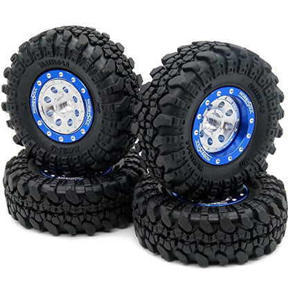 Adjustable Offset RC 1.0 Wheels and Tires, 1/24 Tires & Heavy 1.0 Beadlock Wheels Blue Silver for 1:24 RC Crawler Axial SCX24 90081 AXI00001 & Other 1/24 Crawler Truck,(4-Pack, Assembled) - color: Blue & Silver
