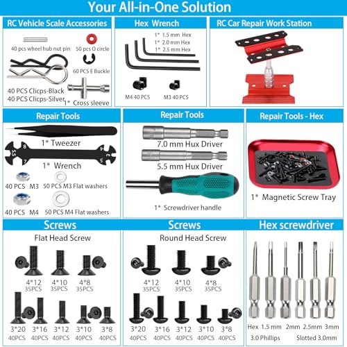RC Car Repair Work Stand, 1100pcs RC Screw Kit and Vehicle Scale Accessories for Traxxas Axial Redcat Arrma HPI HSP SCX10 RC4WD 1/8 1/10 1/12 1/16 Scale RC Crawler Truck Buggy Car - color: Red