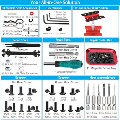 RC Car Repair Work Stand, 1100pcs RC Screw Kit and Vehicle Scale Accessories for Traxxas Axial Redcat Arrma HPI HSP SCX10 RC4WD 1/8 1/10 1/12 1/16 Scale RC Crawler Truck Buggy Car - color: Red