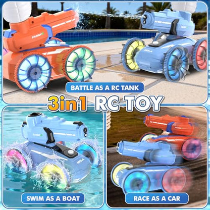 3-in-1 Remote Control Car RC Boat & Water Gun Amphibious rc car Toy with Gesture Control Wristband, Self-Loading Water Squirt Gun for Pool Lake Beach, Water Toys Summer Kids rc Cars for Ages 6-12 - color: Blue