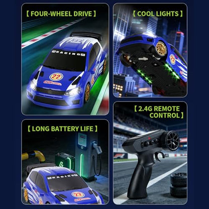 GoolRC RC Drift Car, 1/24 Scale Remote Control Car, 4WD RC Rally Car, 2.4GHz High Speed Electric Racing Vehicle with LED Lights and Drifting Tires for Adults (Blue) - color: Blue