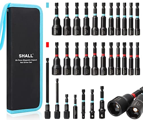 SHALL 29PCS Magnetic Nut Driver Set, Impact Drill Driver Bit 1/4" Hex Shank, SAE & Metric Cr-V Steel Power Nut Drivers with Quick-release Extensions, Impact Socket Adapters, Bit Holder and Storage Bag - size: Variety Pack