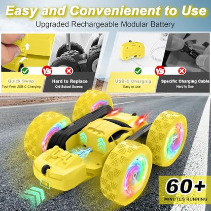 Remote Control Car, Outdoor Toys RC Cars for Kids Ages 6-12, 4WD Double Sided Stunt Vehicle with Upgraded USB-C Modular Batteries, 5 6 7 8 9 10+ Year Old Boy Birthday Yellow - color: Yellow