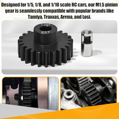 M1.5 23T Pinion Gear 8mm Bore with 8mm to 5mm Shaft Adapter Sleeve, Chromium Steel Motor Gear with Set Screw & Hex Key for Traxxas ARRMA Losi 1/5 1/8 RC Cars - size: 23T