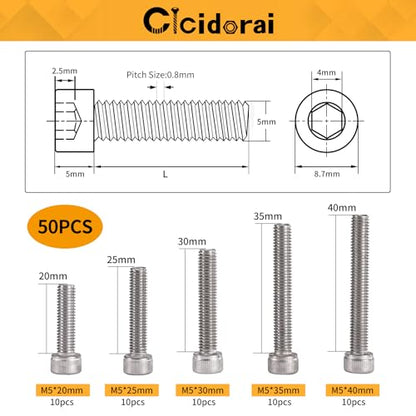 M5 x 20mm 25mm 30mm 35mm 40mm Socket Head Cap Screws Bolts, Stainless Steel 304, Metric Allen Hex Drive, Fully Threaded, Bright Finish, 50PCS - size: Hex Socket Head M5x20/25/30/35/40mm