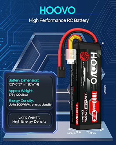 HOOVO 4S 14.8V LiPo Battery 7000mAh 100C RC Battery Metal Plates Compatible for X-Maxx RC Truck Tank RC Car Racing Hobby (2 Pack)